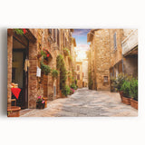 Stretched canvas wall art showcasing a vibrant city street landscape design, featuring bright colors and intricate details, perfect for modern home decor.