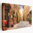 Stretched canvas wall art featuring a vibrant urban landscape design with intricate street details, perfect for modern home decor. The side view showcases the artwork's depth and texture, ideal for enhancing any interior space.