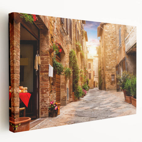 Stretched canvas wall art featuring a vibrant urban landscape design with intricate street details, perfect for modern home decor. The side view showcases the artwork's depth and texture, ideal for enhancing any interior space.