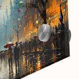 Close-up of a vibrant acrylic glass wall art piece showcasing an urban landscape design, featuring rich colors and intricate details, perfect for modern decor.