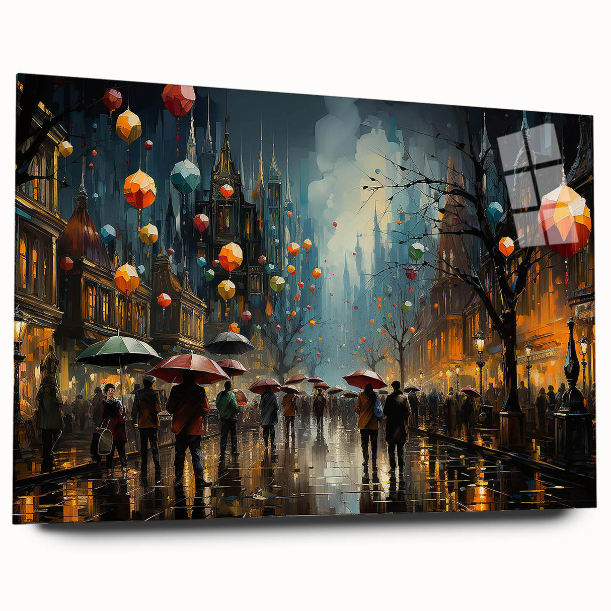 Acrylic glass wall art featuring a vibrant city street landscape design in a modern frame, showcasing intricate details and vivid colors, perfect for contemporary decor.