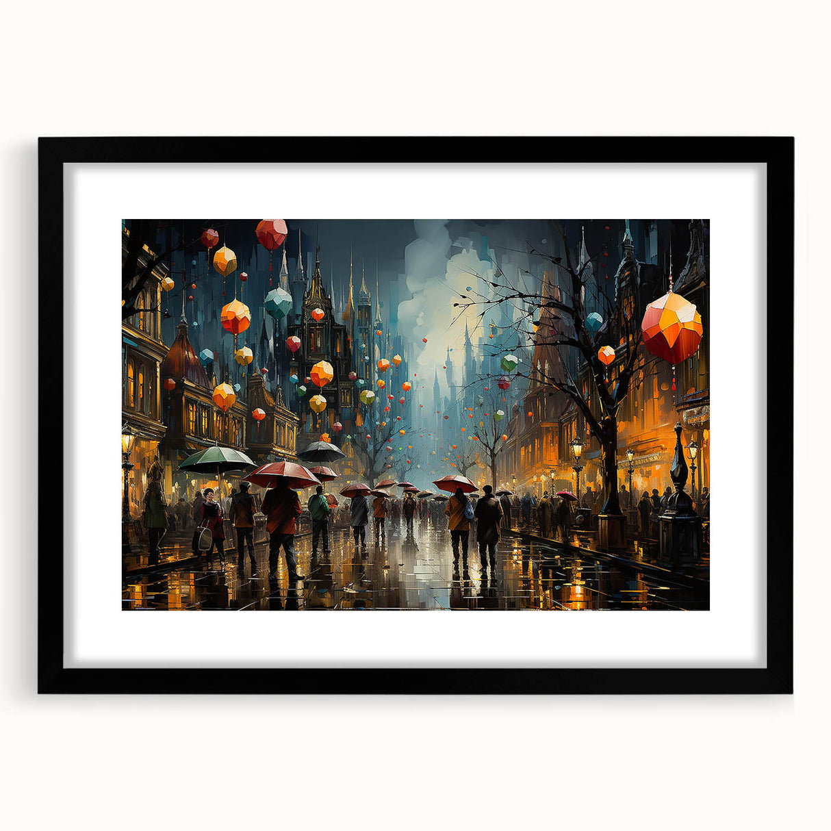 Framed wall art collection featuring a black mat and landscape street design, showcasing vibrant colors and intricate details, perfect for home decor enhancement.