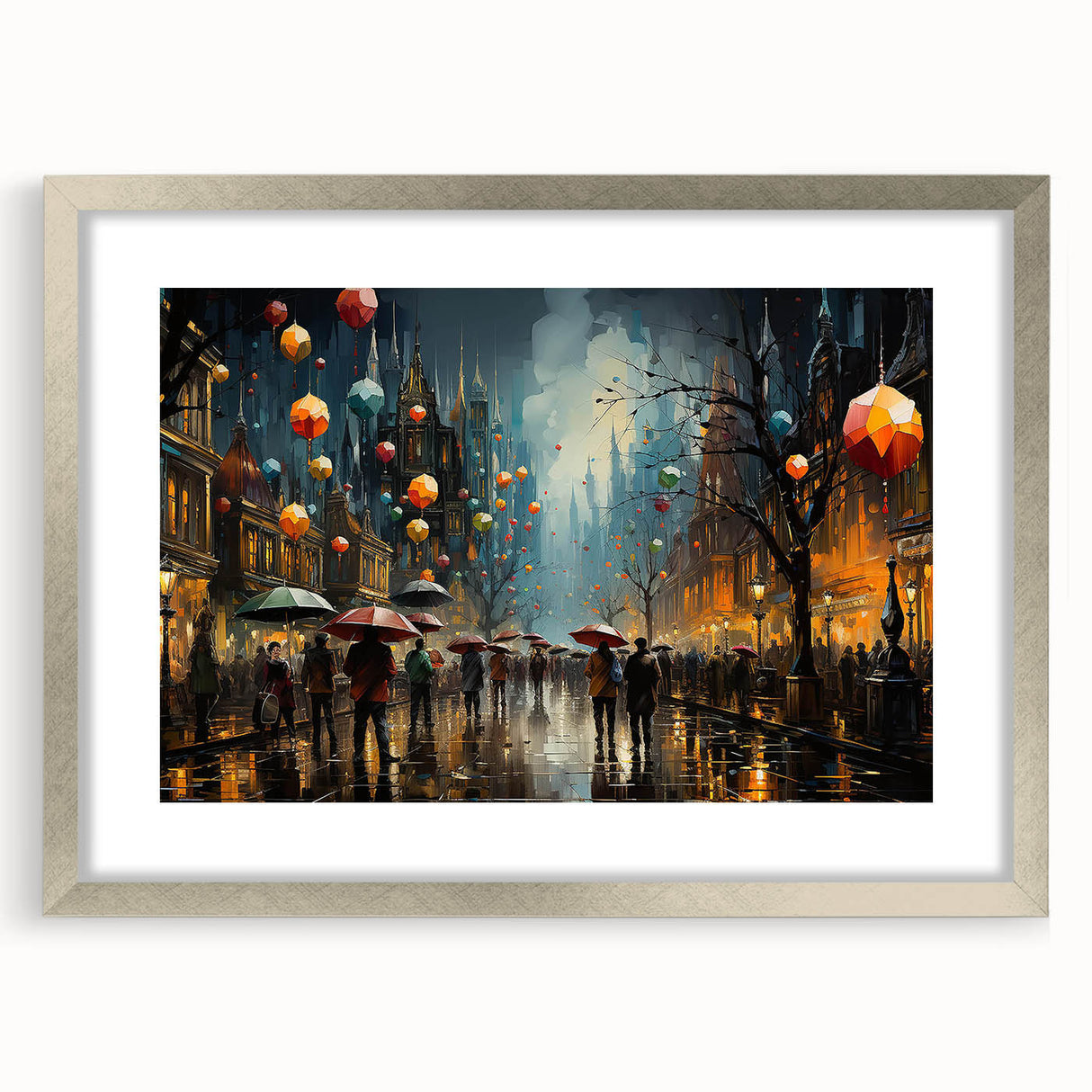 Framed wall art collection showcasing a vibrant cityscape design with a silver mat, ideal for modern home decor. Perfect for enhancing living spaces with urban aesthetics.