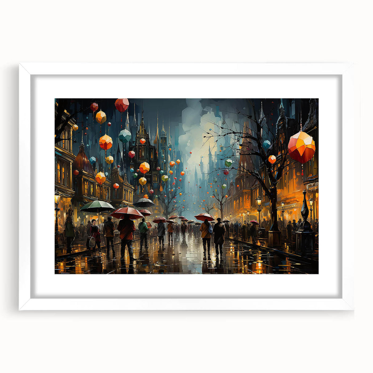 Framed wall art collection showcasing a vibrant landscape design with street elements, featuring a white mat and sleek frame, perfect for modern decor.