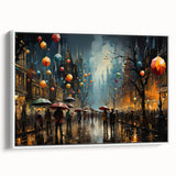 Framed canvas wall art showcasing a modern landscape design with vibrant colors, displayed at a stylish angle against a white background, perfect for home decor.