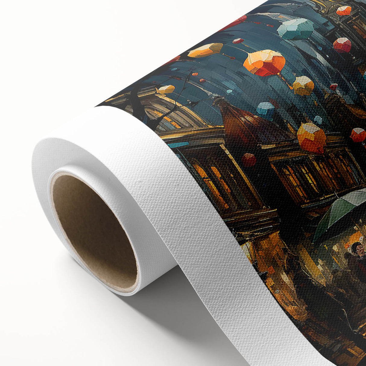 Rolled canvas artwork showcasing a vibrant street landscape design, featuring bold colors and intricate details, ideal for modern home decor or wall art collection.