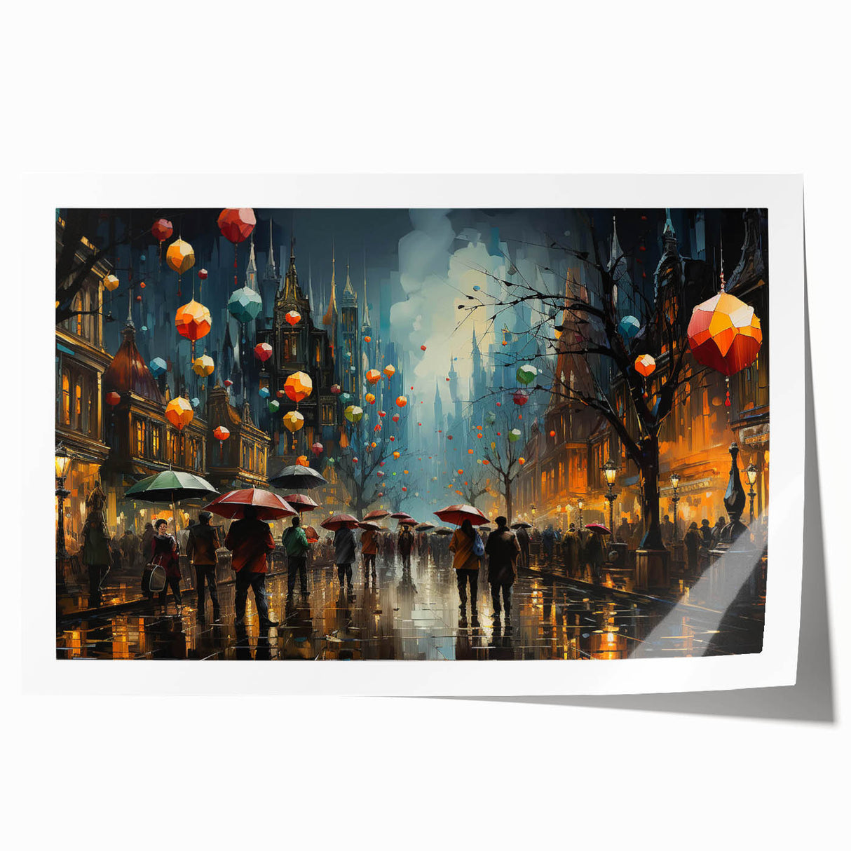 Vibrant rolled print showcasing a modern urban landscape design, featuring colorful streets and architectural elements, ideal for contemporary wall decor.