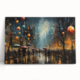 Colorful stretched canvas artwork depicting a vibrant city landscape with intricate street designs, perfect for modern home decor and artistic ambiance.