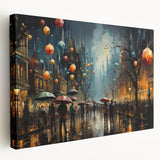 Stretched canvas wall art featuring a vibrant street design with abstract landscapes in bold colors, perfect for modern home decor or office settings.