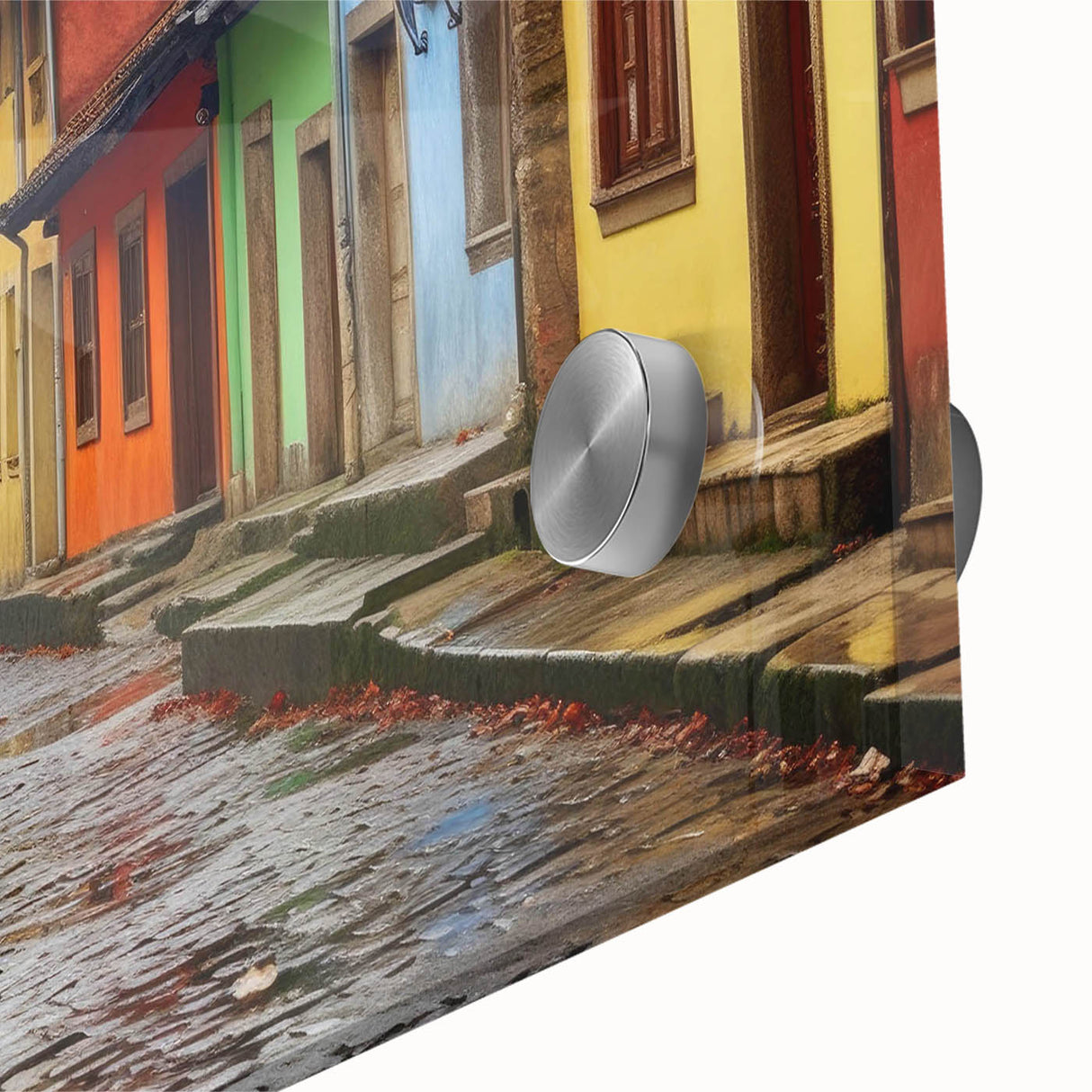 Close-up of an acrylic glass wall art piece showcasing a vibrant landscape design, featuring rich colors and intricate details, perfect for home decor.