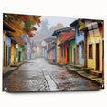 Acrylic glass wall art showcasing a vibrant landscape street design, viewed from the side with decorative pins, perfect for modern home decor.