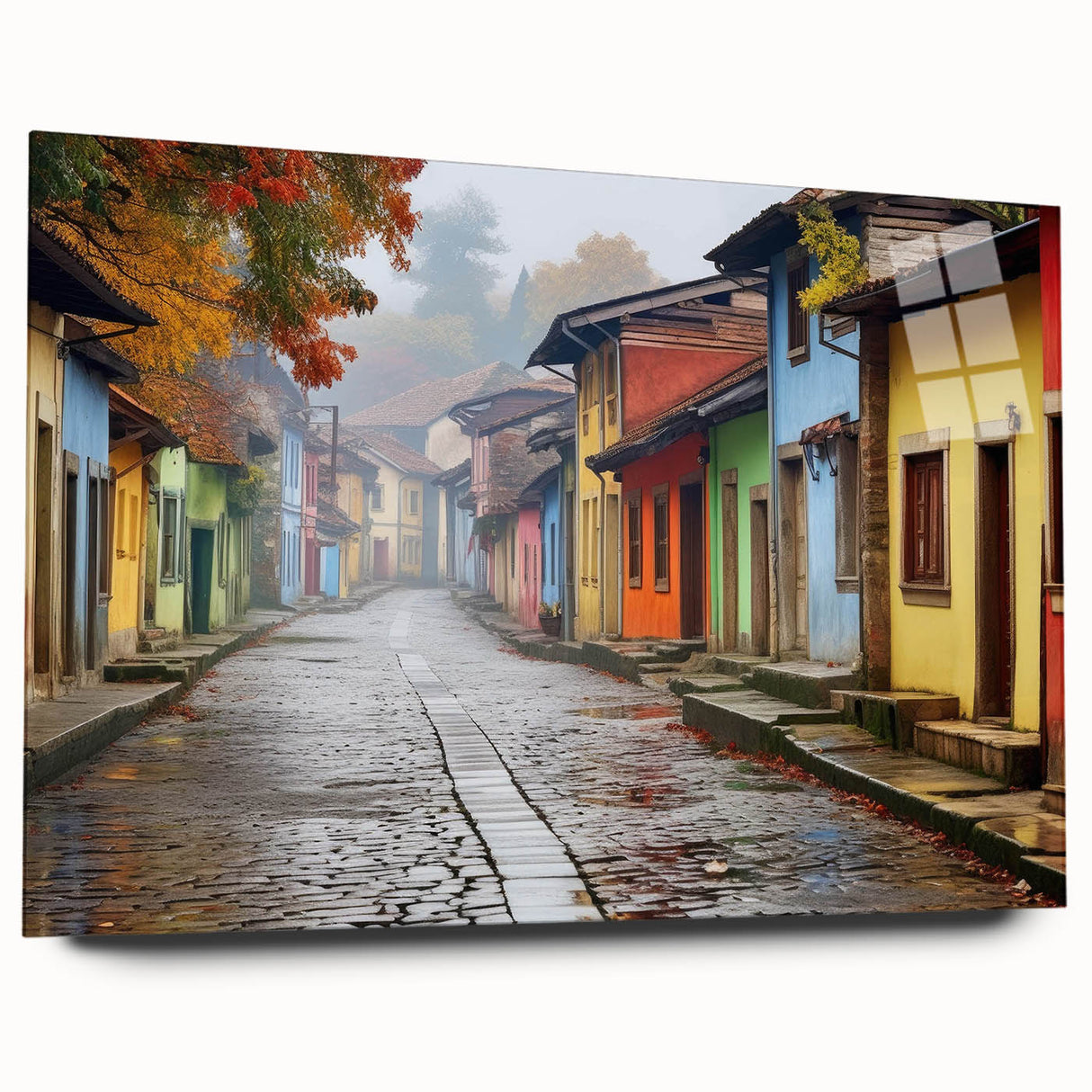 Acrylic glass wall art collection showcasing a vibrant street landscape design, presented in a side view without pins, perfect for modern home decor.