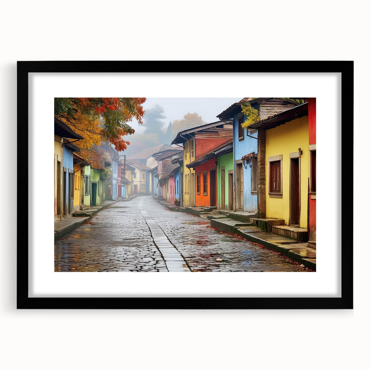 Black-framed wall art showcasing a street landscape design, featuring vibrant colors and intricate details, ideal for modern home decor and artistic interiors.