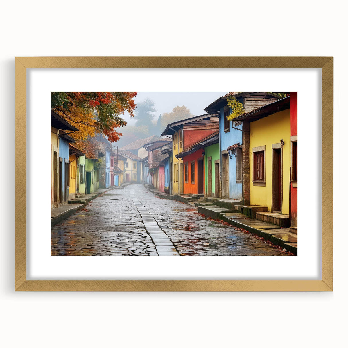Framed wall art featuring a vibrant landscape street design, elegantly displayed with a gold mat, perfect for enhancing modern home decor aesthetics.