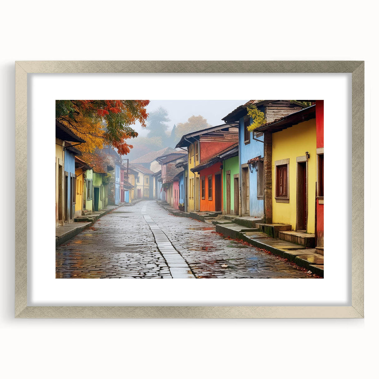 Framed wall art collection showcasing a vibrant street landscape design, featuring a silver frame and white matting, perfect for enhancing modern decor.
