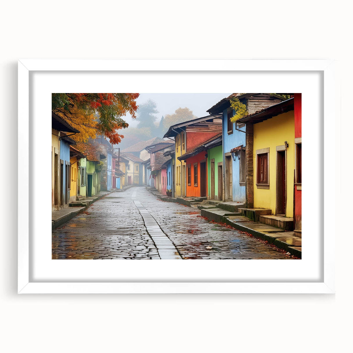 Framed wall art showcasing a vibrant city landscape with colorful streets and buildings, elegantly matted in white, perfect for modern home decor.