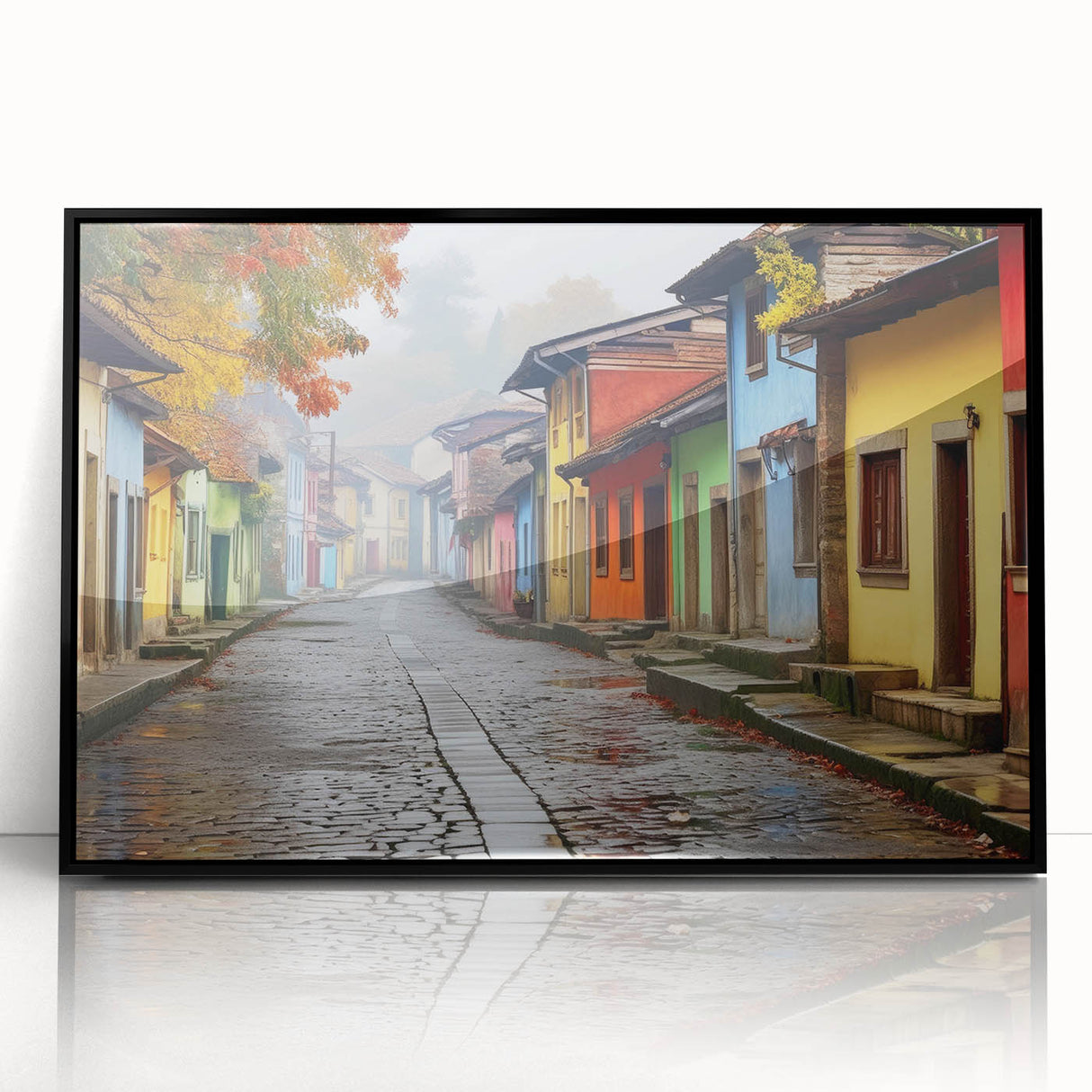 Framed acrylic wall art showcasing a modern street landscape design, featuring vibrant colors and intricate details, presented in a sleek black frame for a contemporary decor accent.