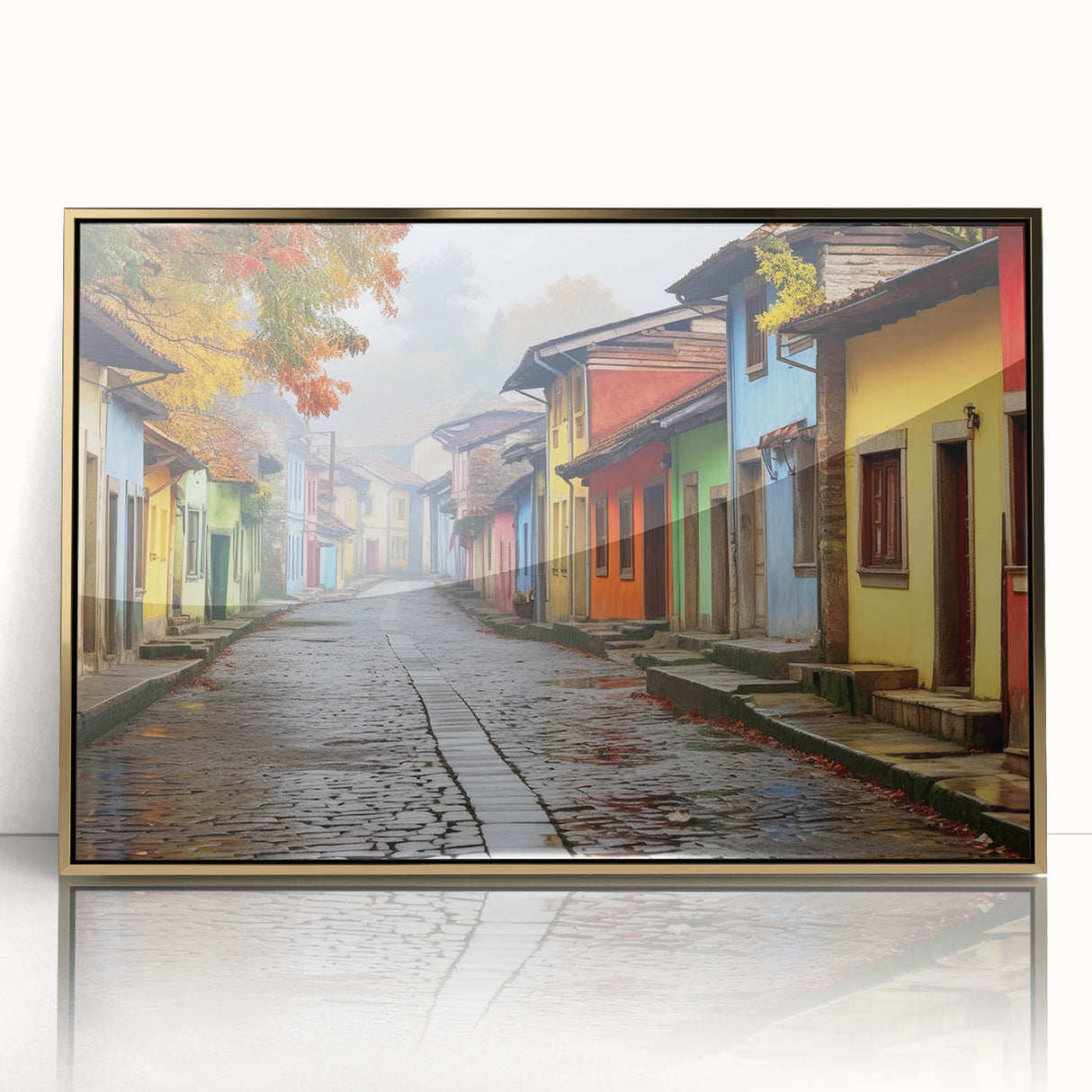 Framed acrylic wall art featuring a vibrant landscape design with gold accents, showcasing a modern aesthetic suitable for home décor in contemporary settings.