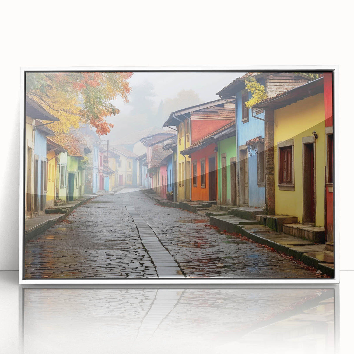 Framed acrylic wall art showcasing a vibrant street landscape design in a white frame, ideal for modern home decor. Perfect for adding color and style to living spaces.
