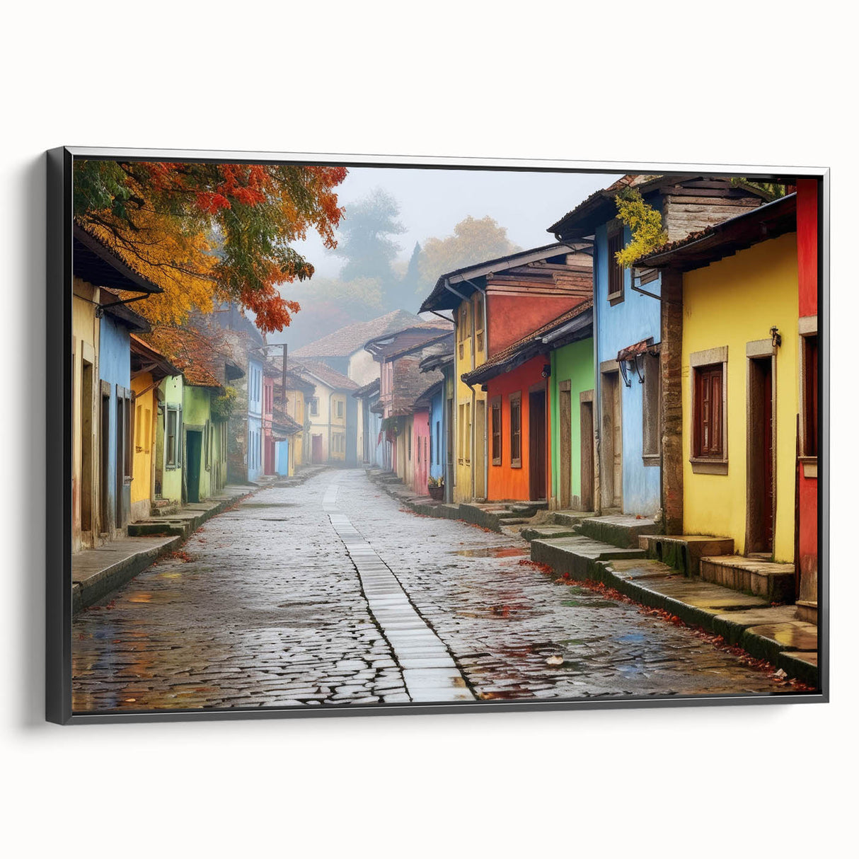Framed canvas wall art featuring a modern landscape design with streets and buildings, presented in a sleek black frame, ideal for contemporary home decor.