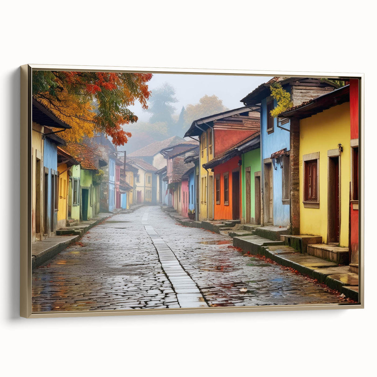 Framed canvas wall art featuring a modern cityscape design, with vibrant colors and intricate details. The artwork is set against a gold frame, adding elegance to home decor. Perfect for interior design enthusiasts looking to enhance their living space with contemporary art.
