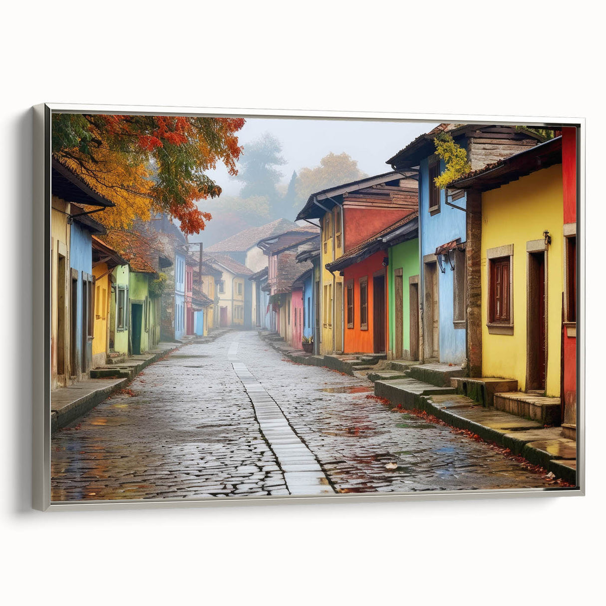 Framed canvas wall art showcasing a scenic street landscape design with a silver frame, perfect for home decor. The artwork captures vibrant colors and intricate details, adding a stylish touch to any room. Ideal for art enthusiasts and interior design lovers.