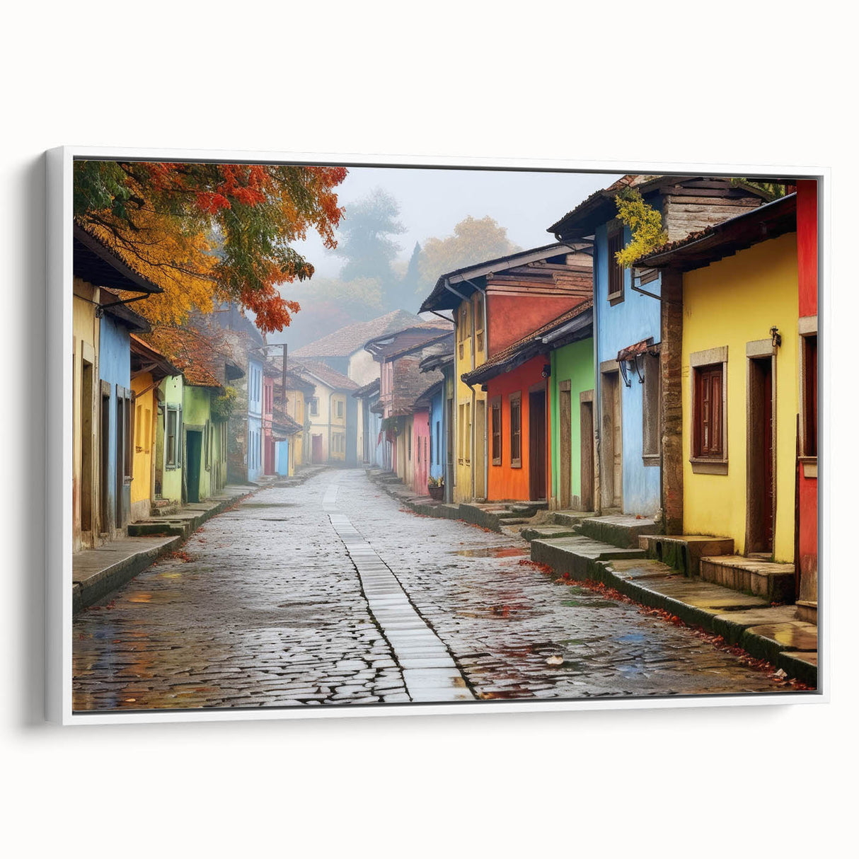 Framed wall art featuring a modern landscape design with vibrant colors, displayed from a side view against a neutral background, ideal for home decor.