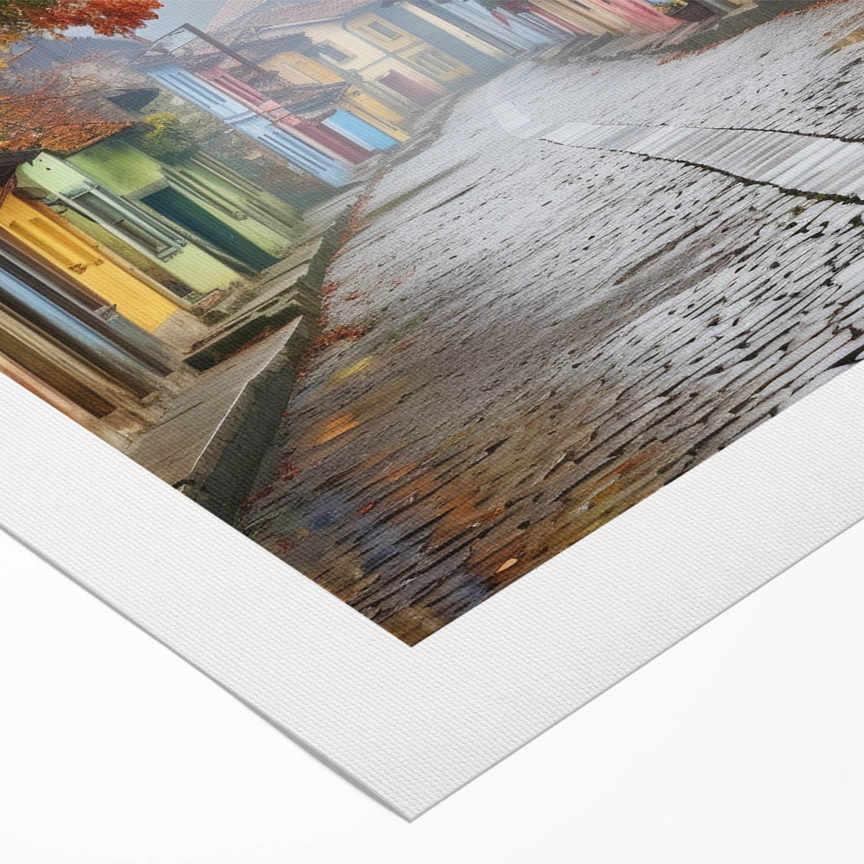 Rolled canvas wall art showcasing a vibrant street landscape design, featuring intricate details and bold colors, ideal for modern home decor accents and artistic expression.
