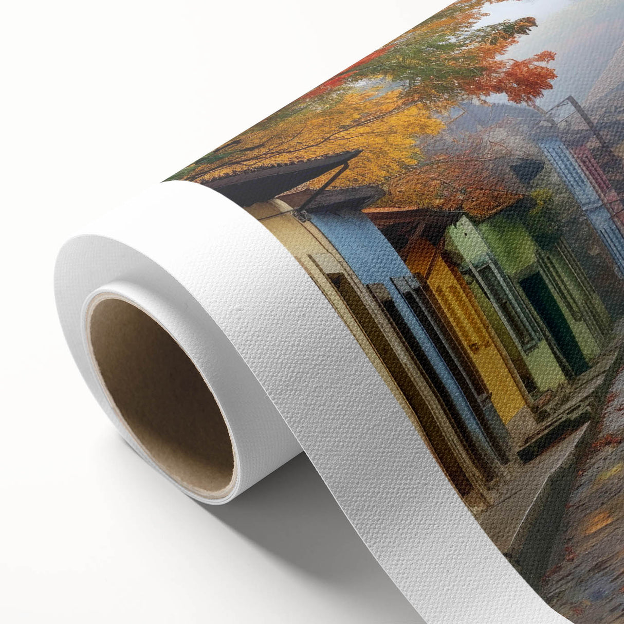 Rolled canvas artwork showcasing a vibrant street landscape design with rich colors and intricate details, ideal for home decor or gallery display.