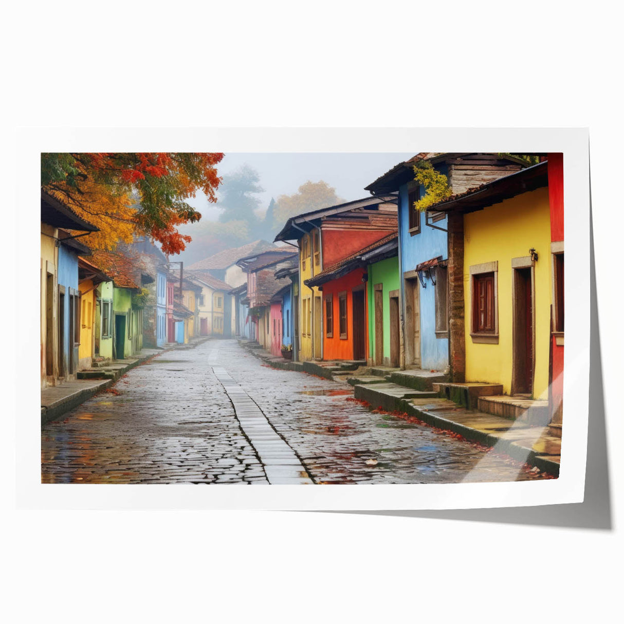 Rolled print of a vibrant landscape street design, showcasing colorful buildings and trees, designed for wall art decor. Ideal for modern home aesthetics.