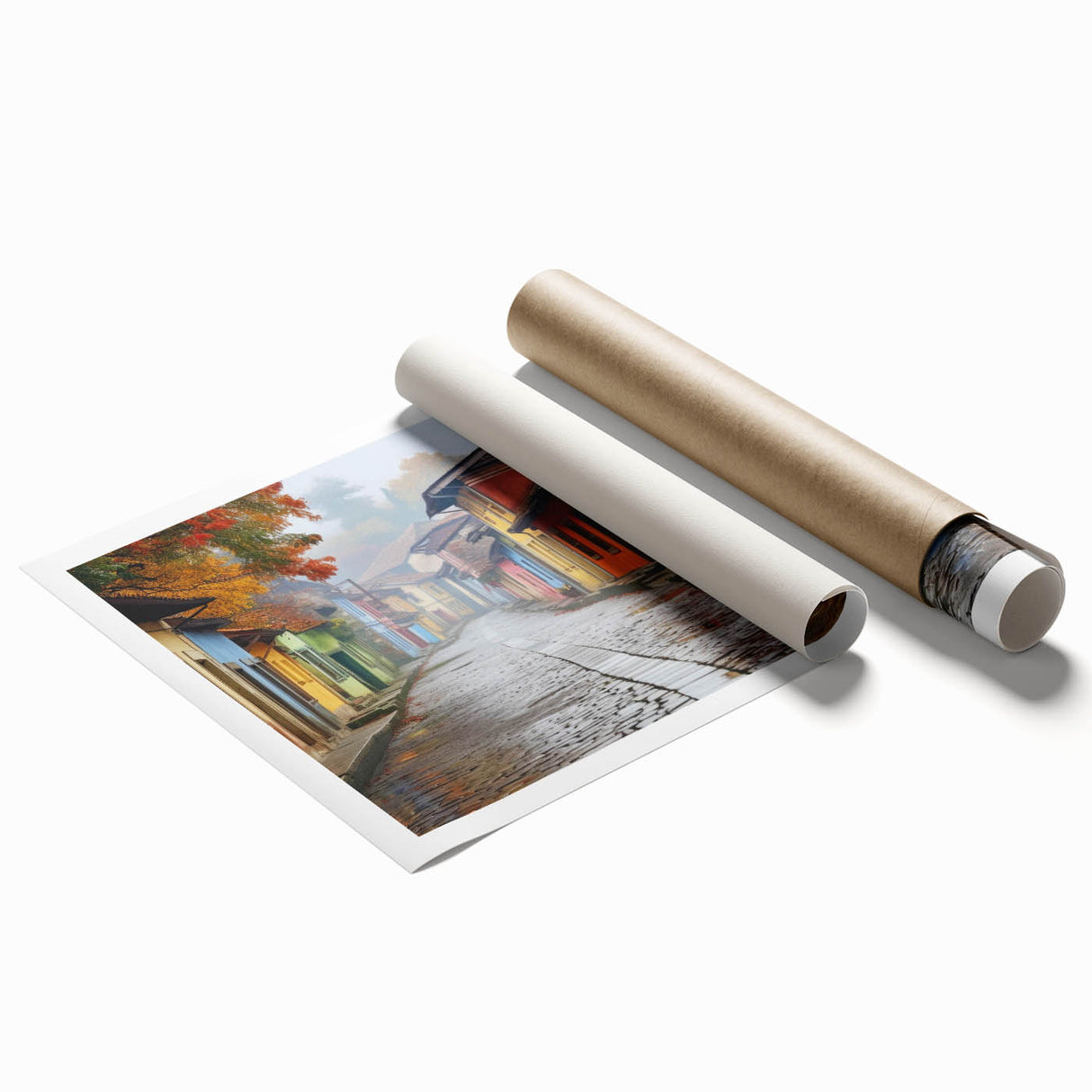 Rolled print showcasing a vibrant abstract landscape design with rich colors, ideal for modern home decor. Perfectly packaged in a protective tube for safe delivery.