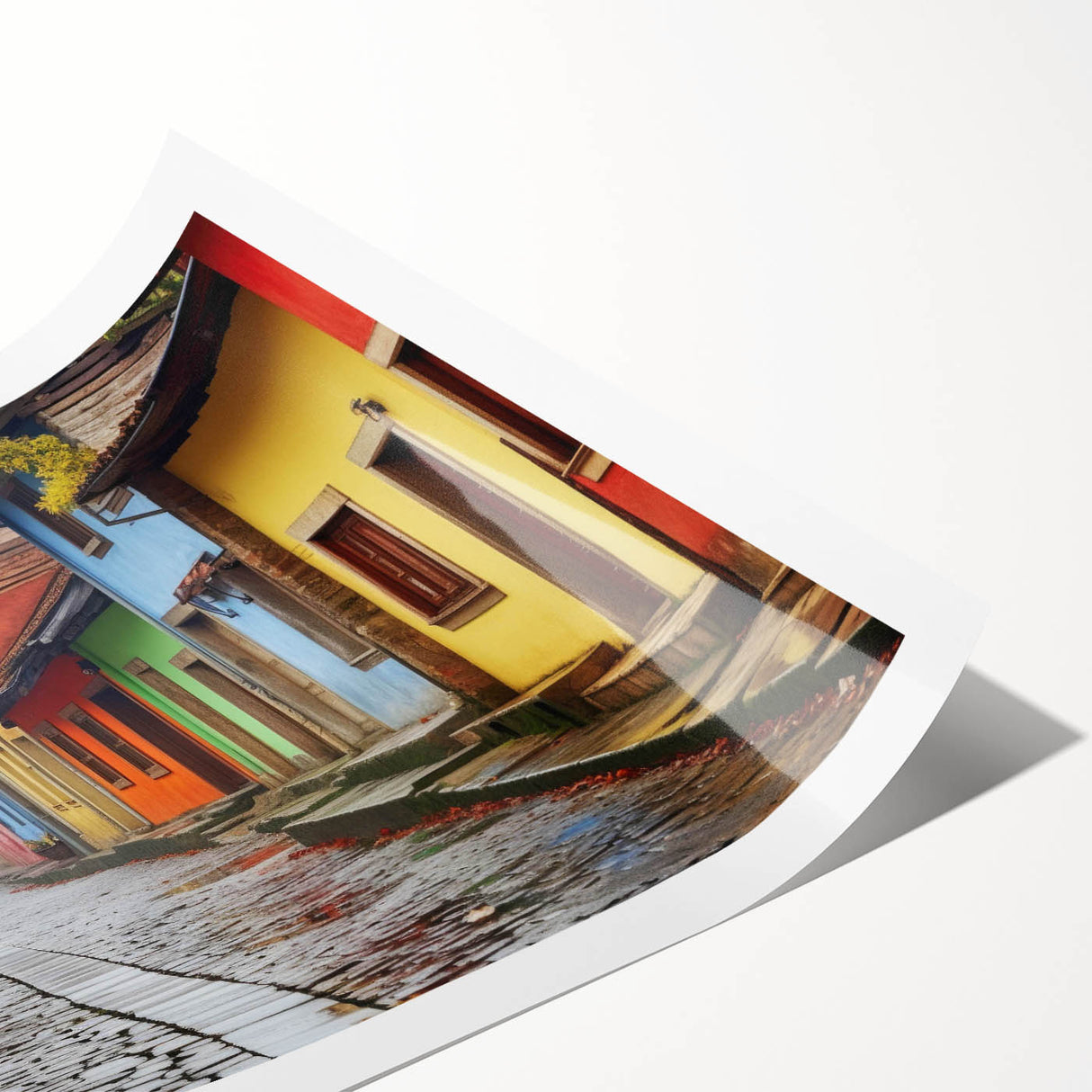 Rolled canvas print showcasing a vibrant urban landscape design with colorful streets and buildings, ideal for modern home decor. Packaged securely in a protective cardboard tube.