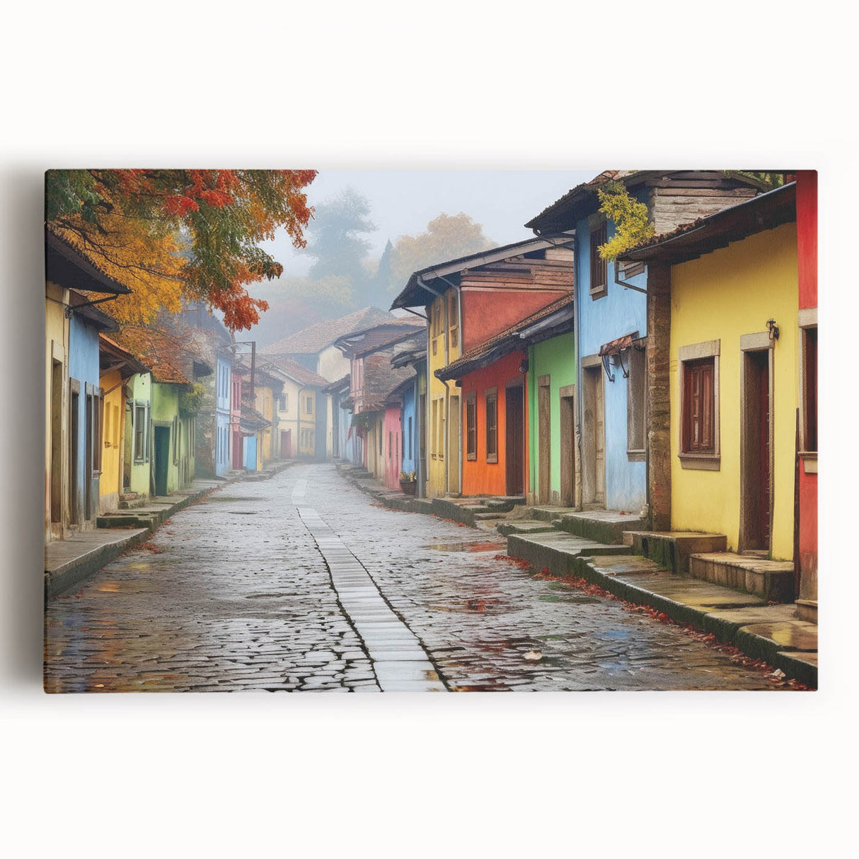 Stretched canvas wall art depicting a vibrant city street landscape with colorful buildings, ideal for modern home decor or office settings, enhancing urban aesthetics.