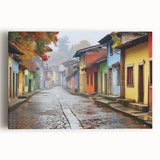 Stretched canvas wall art depicting a vibrant city street landscape with colorful buildings, ideal for modern home decor or office settings, enhancing urban aesthetics.