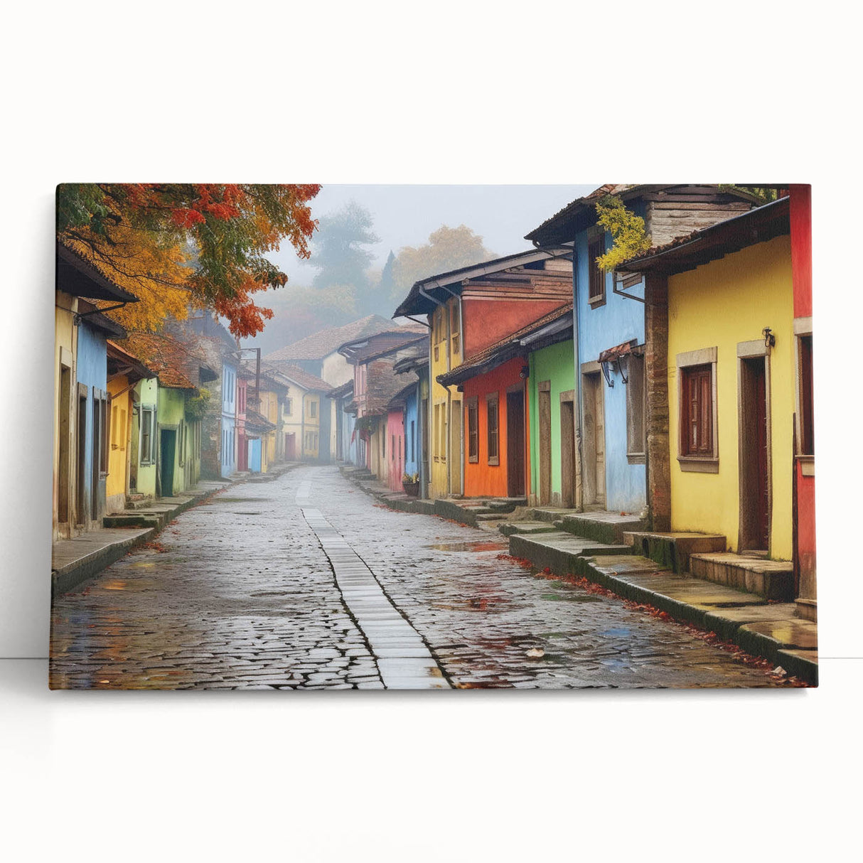 Stretched canvas wall art depicting a vibrant street landscape design with colorful buildings and lively urban elements, perfect for modern home decor and artistic ambiance.
