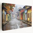 Stretched canvas wall art showcasing a vibrant street design with a colorful landscape, ideal for enhancing modern decor in living spaces or offices.