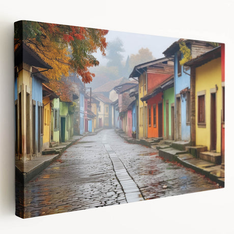 Stretched canvas wall art showcasing a vibrant street design with a colorful landscape, ideal for enhancing modern decor in living spaces or offices.
