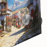 Close-up of a vibrant acrylic glass wall art piece showcasing an abstract street landscape design, featuring bold colors and intricate details, perfect for modern decor.