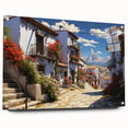Close-up of a modern acrylic wall art piece showcasing a vibrant landscape design, featuring colorful street scenes and intricate details, elegantly mounted with pins for display.