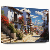Close-up of a modern acrylic wall art piece showcasing a vibrant landscape design, featuring colorful street scenes and intricate details, elegantly mounted with pins for display.
