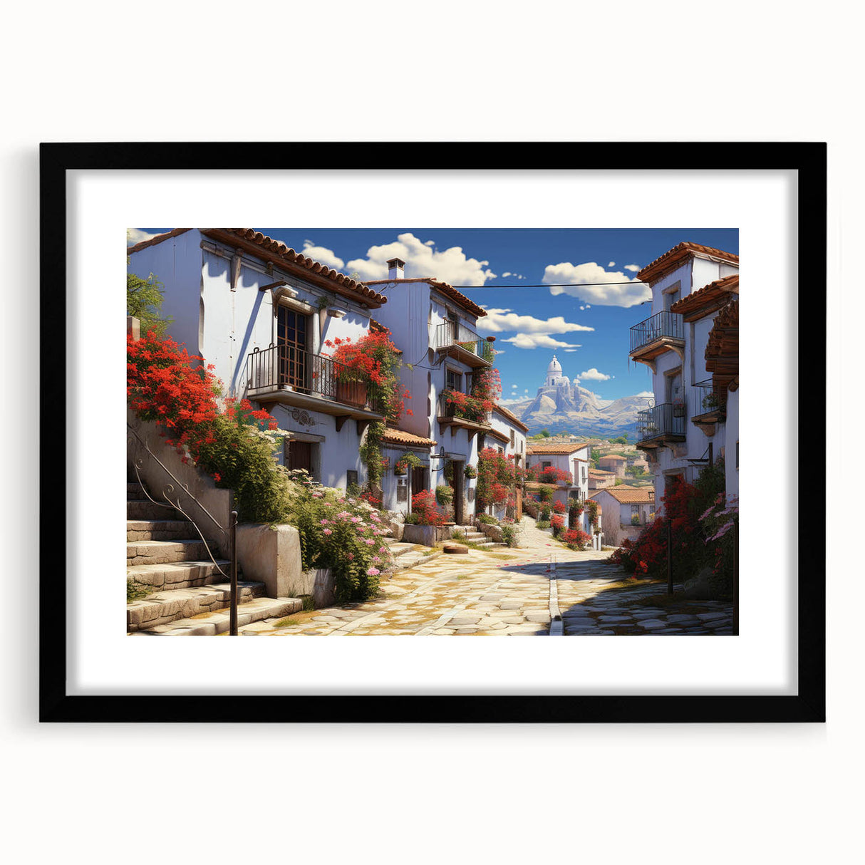 Framed wall art depicting a modern city street landscape in a sleek black frame, featuring a white mat for added elegance, ideal for home decor.