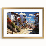 Gold-framed wall art piece showcasing a stunning landscape design, featuring vibrant colors and intricate details, perfect for enhancing home decor.