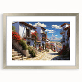 Framed wall art featuring a silver mat and a contemporary landscape design, showcasing vibrant colors and intricate details, ideal for modern home decor.