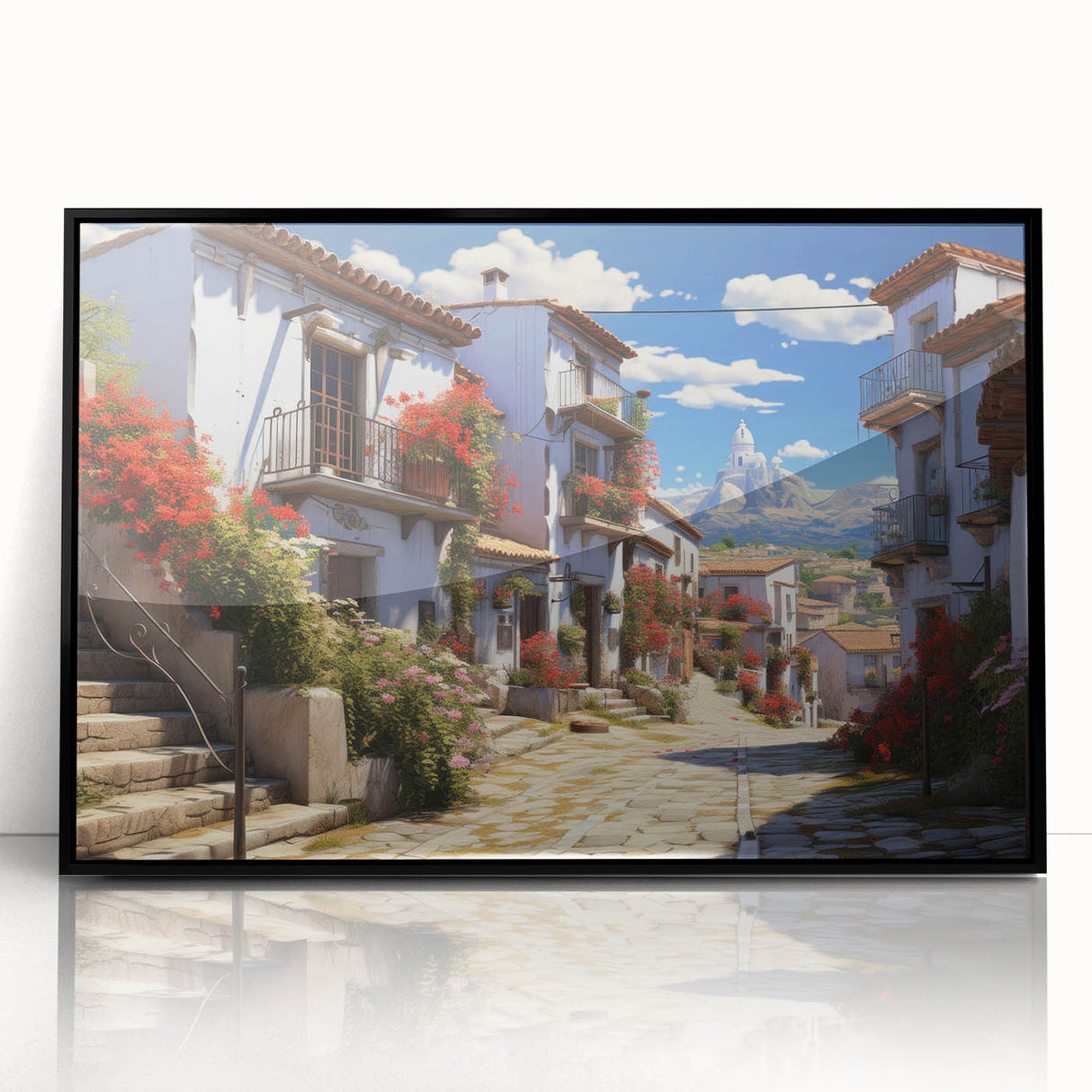 Framed acrylic wall art featuring a modern street landscape design in black, showcasing intricate details and vibrant colors, ideal for contemporary home decor.