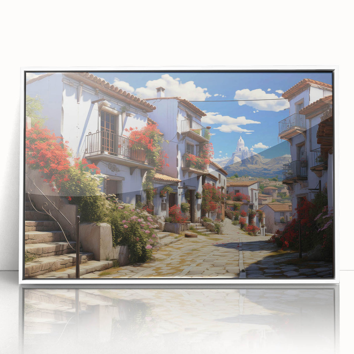 Framed acrylic wall art showcasing a vibrant cityscape design with a contemporary aesthetic, featuring a white frame for a modern touch, ideal for home décor.