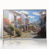 Framed acrylic wall art showcasing a vibrant cityscape design with a contemporary aesthetic, featuring a white frame for a modern touch, ideal for home décor.