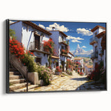 Framed canvas wall art featuring a vibrant landscape design with rich colors and intricate street scenes, displayed in a sleek black frame, perfect for home decor.