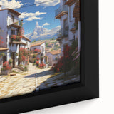 Framed canvas wall art showcasing a vibrant landscape design with intricate street details, ideal for modern home decor, adding color and style to any space.
