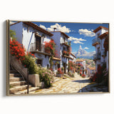 Framed canvas wall art showcasing a vibrant street landscape with gold accents, perfect for home decor. The artwork captures a lively urban scene, enhancing any space.