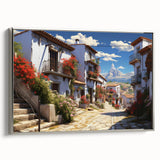 Framed canvas wall art showcasing a serene landscape with streets and buildings, featuring silver accents and a modern design, perfect for home decor.